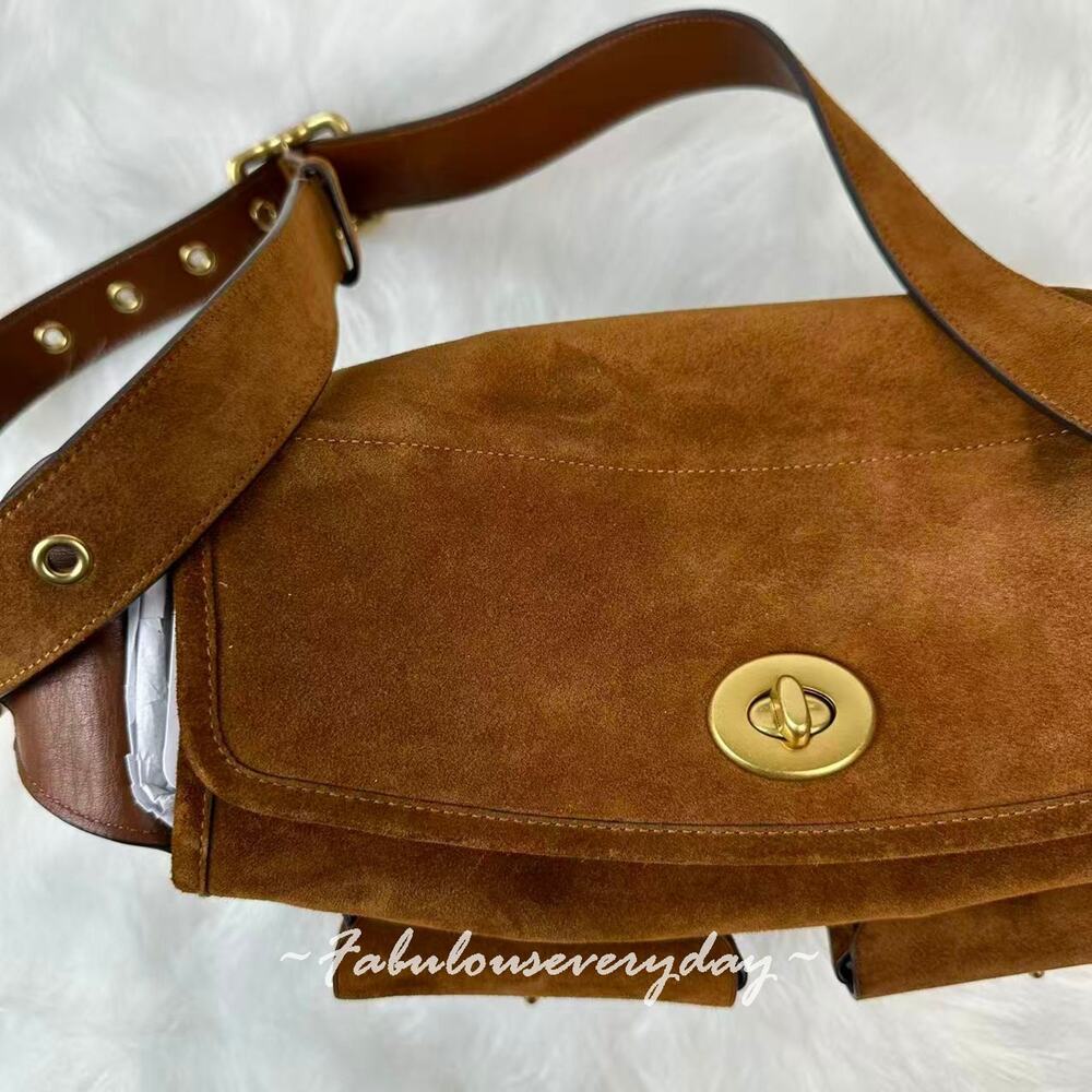 Coach Turnlock Haversack Bag Shoulder/Crossbody Suede Brass/Warm Brown CDZ13 NWT - Picture 8 of 13